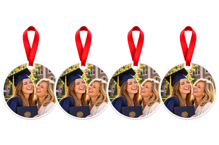 Four matching graduation photo ornaments with red ribbons, a Christmas ornament bundle