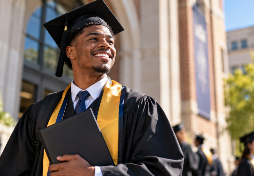 Smiling graduate in cap and gown holding a diploma cover outside campus