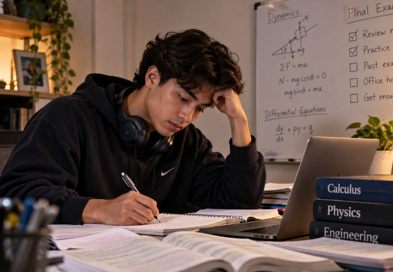 Student studying for finals at a desk with calculus and physics textbooks