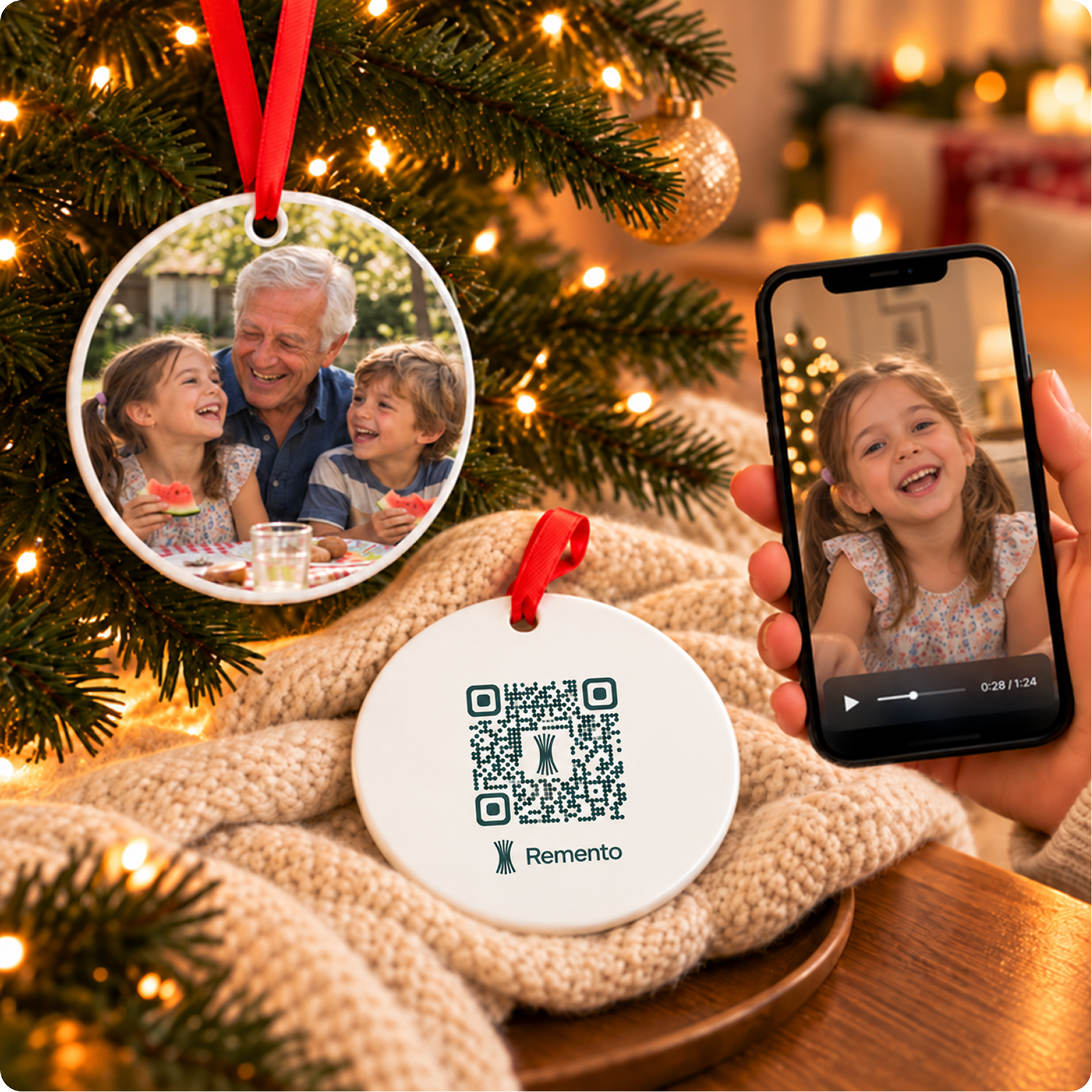 Grandparents photo ornament on a tree with QR code back and a phone playing a granddaughter's video