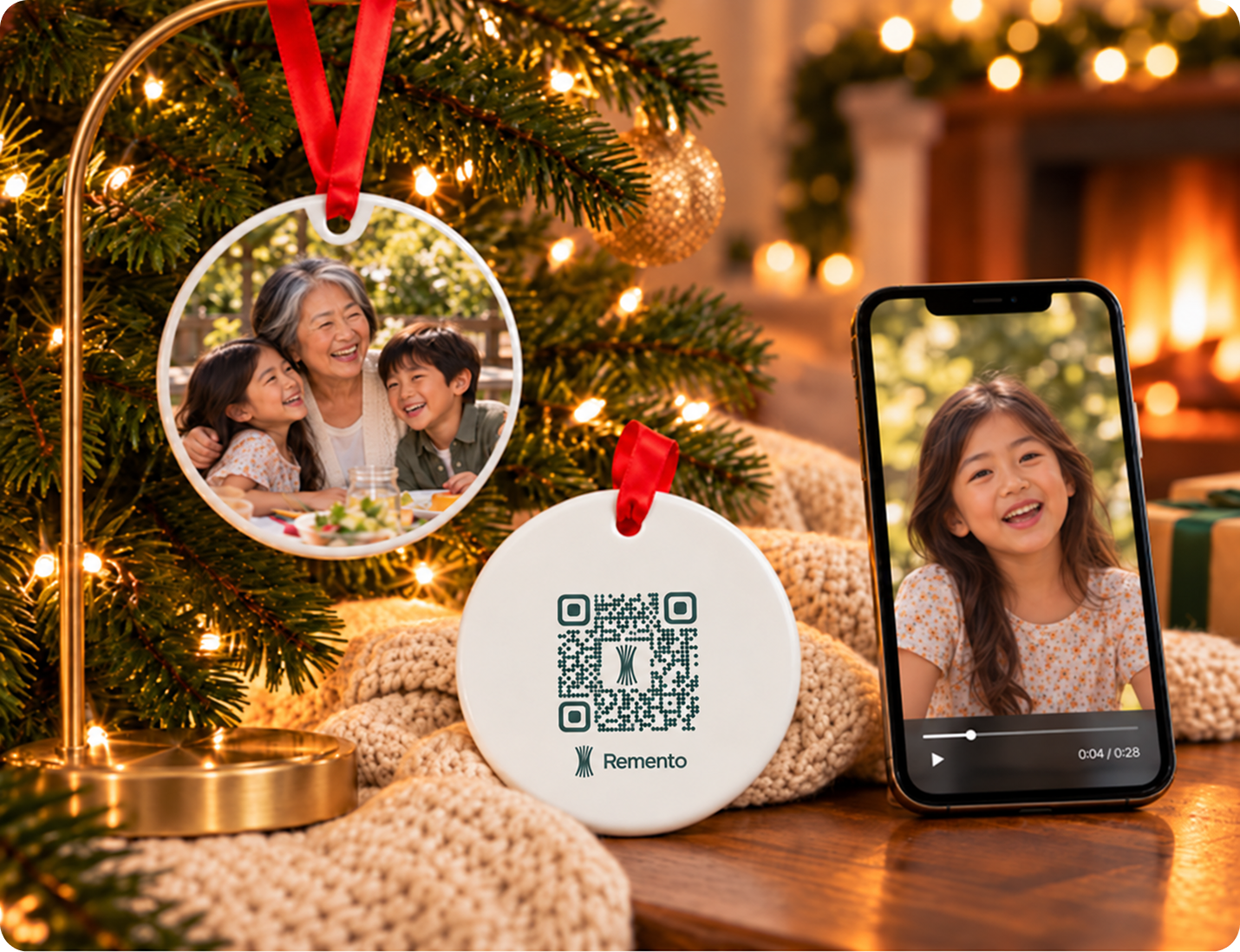 Grandmother and grandkids photo ornament on a mantel stand with QR code back and a phone playing a story