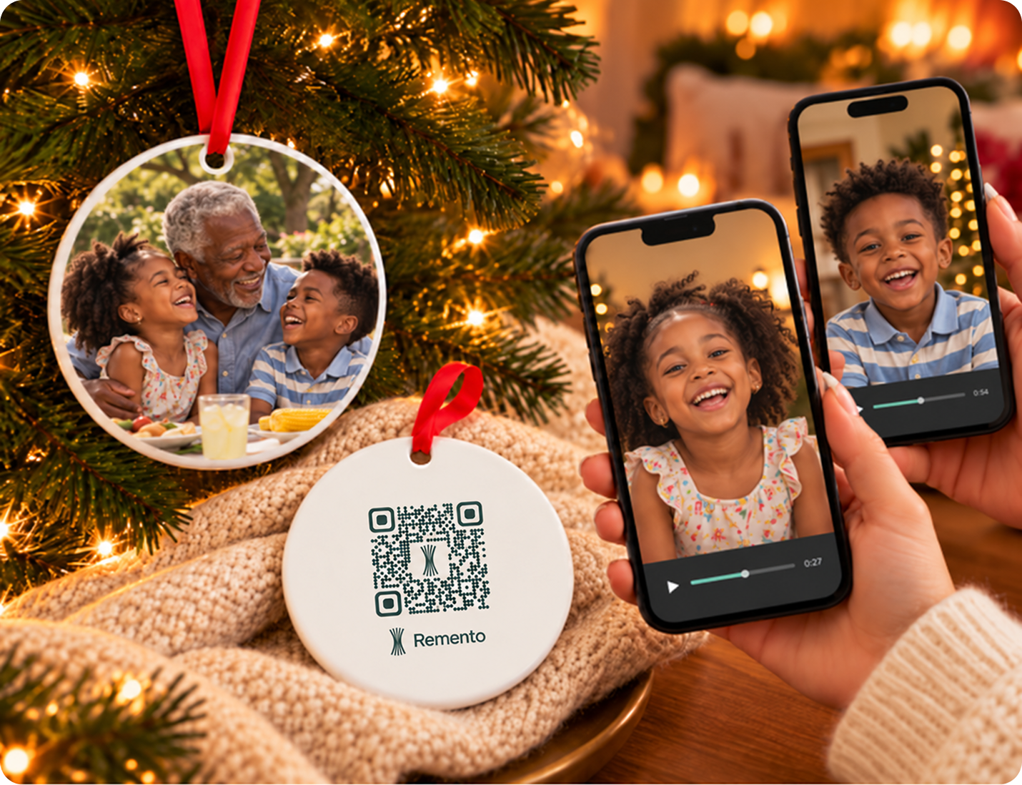 Grandparents photo ornament with QR code back as grandkids' video messages play on two phones