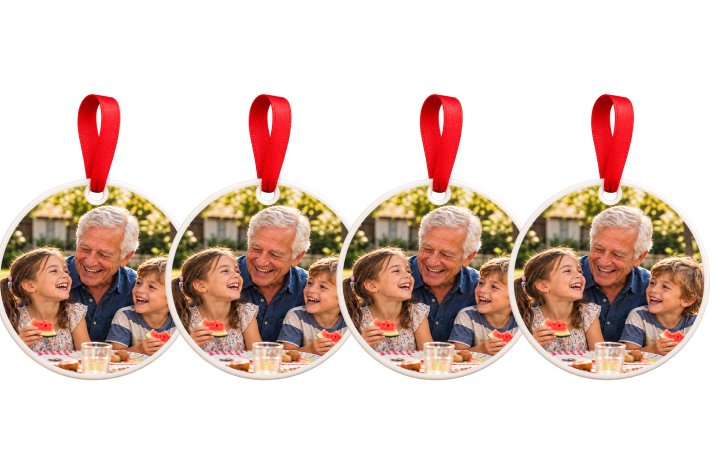 Four matching grandparents photo ornaments with red ribbons, a Christmas ornament bundle