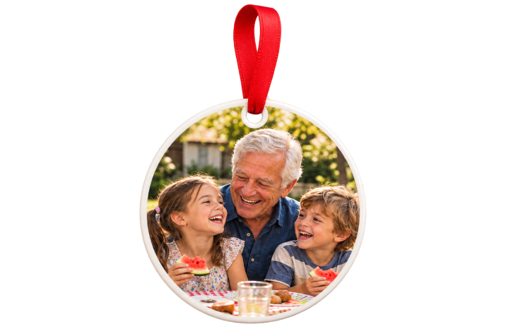 Ceramic grandparents photo ornament with red ribbon showing a grandfather with two grandchildren