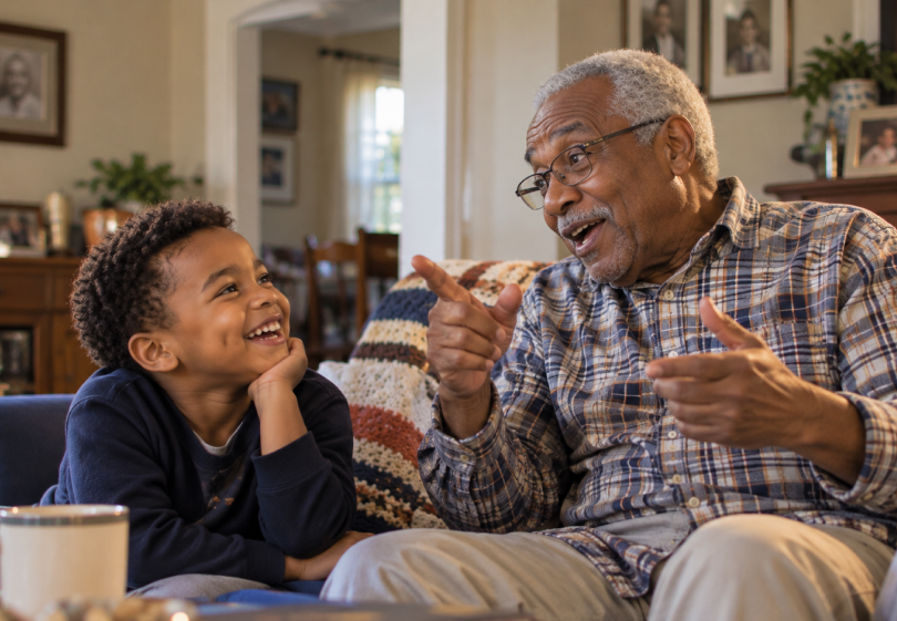 Grandfather telling a story to his grinning grandson on the sofa