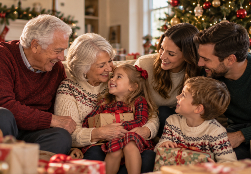 Grandparents opening Christmas gifts with their kids and grandchildren by the tree