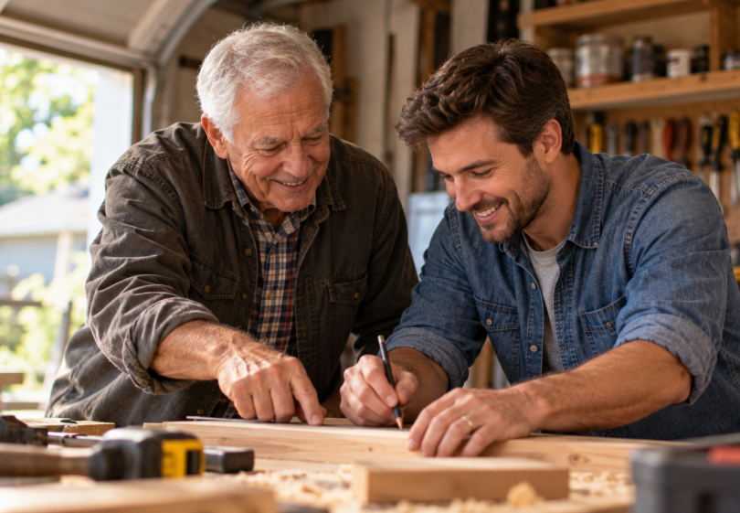 Grandfather and adult son working on a woodworking project together in the garage