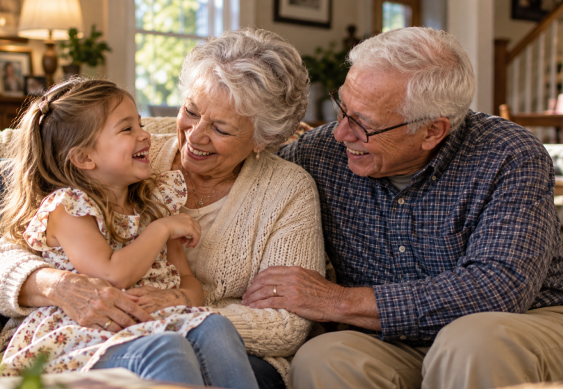Grandparents laughing with their granddaughter on the living room couch